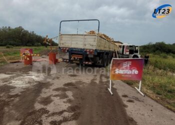 Un camión cargado con madera impactó contra una montaña de tierra en RP39