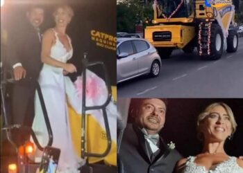 UNA PAREJA LLEGÓ A LA IGLESIA EN UNA MÁQUINA COSECHADORA