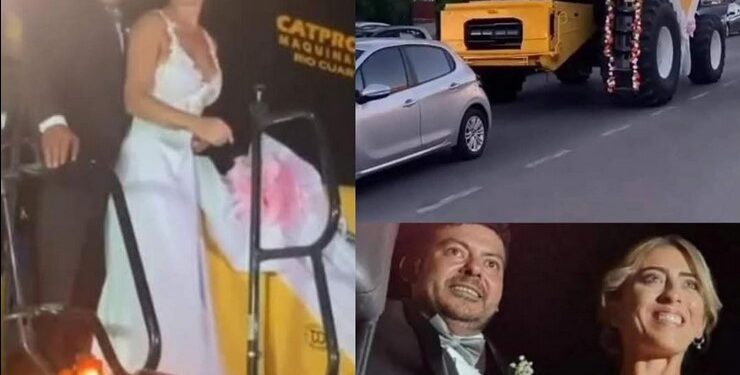 UNA PAREJA LLEGÓ A LA IGLESIA EN UNA MÁQUINA COSECHADORA