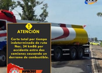 Corte total por tiempo indeterminado de ruta Nac. 34 km 86 por el accidente ocurrido, causando un derrame de combustible.