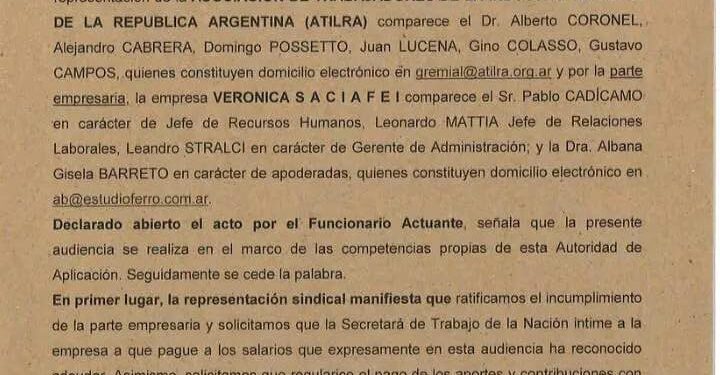 Resultado de la reunión de hoy en Buenos Aires entre representantes de la Empresa Verónica y de los trabajadores