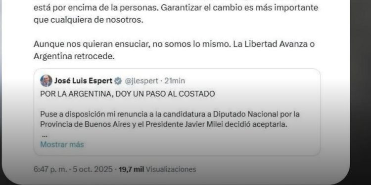 El mensaje de Javier Milei tras la baja de la candidatura de José Luis Espert 