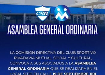 La comisión directiva del Club Sportivo Rivadavia Mutual, Social y Cultural convoca a sus asociados a la Asamblea General Ordinaria que se realizará en su salón de actos sitio en calle 19 de septiembre 1101 de la ciudad de San Genaro